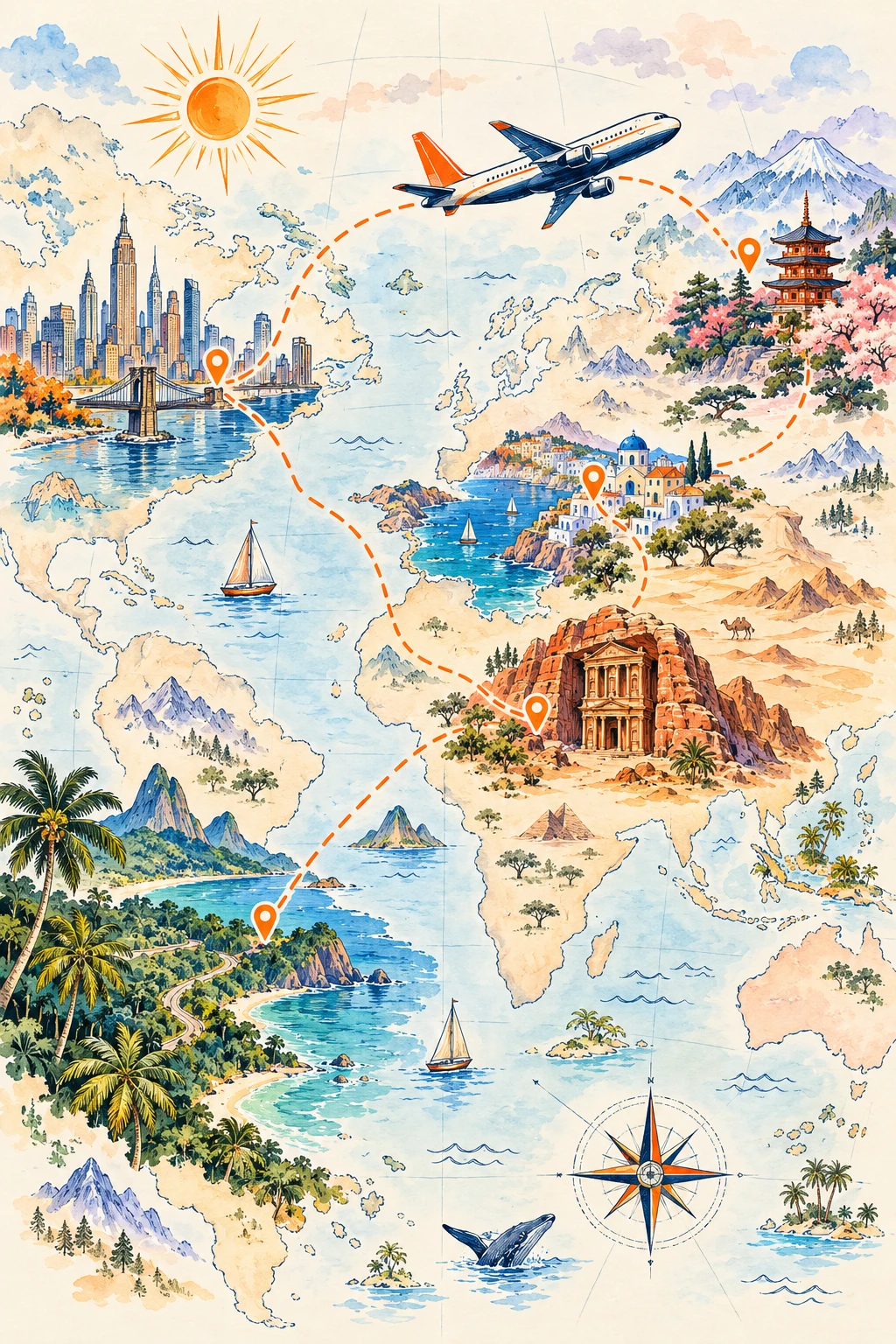 Watercolor travel-map illustration with an airplane, orange dashed routes, and hand-drawn landmarks from around the world
